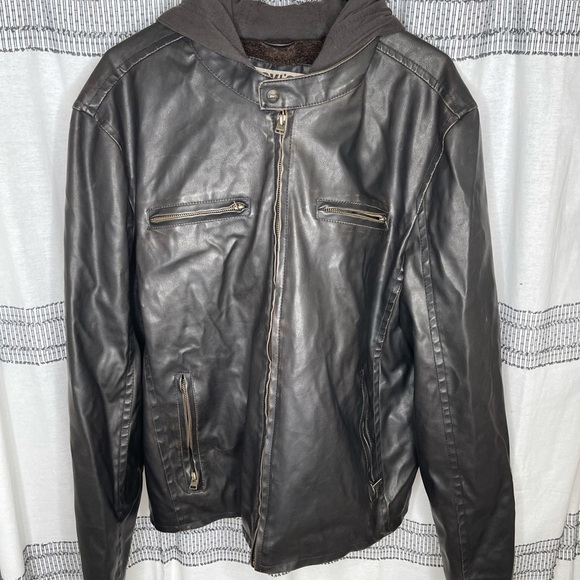 Levi’s Brown Vegan Leather Faux Fur Lined Bomber Jacket Hooded Zip Coat - Picture 14 of 16